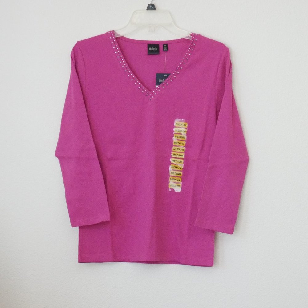 100% Cotton Rafaella Womens Embellished V-neck Top